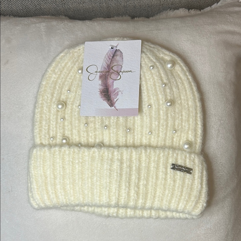 NWT Jessica Simpson Cream Beanie with Pearls - one size